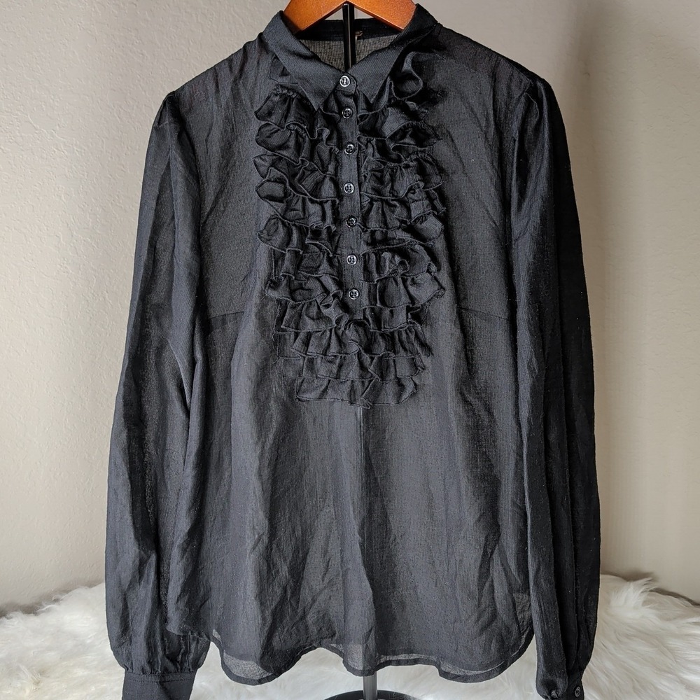Free People Blouse Womens XSmall Black Ruffle Bib Victorian Sheer Button Front